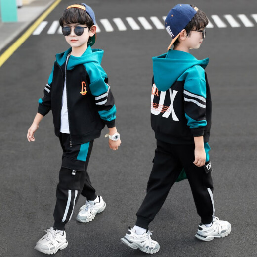 Jixiangle children's clothing boys' children's suits spring and autumn 2021 new medium and large children's fashionable sports jackets and pants two-piece set little boys' clothes trendy clothes 5-15 years old green 150 size recommended height is about 1.4 meters