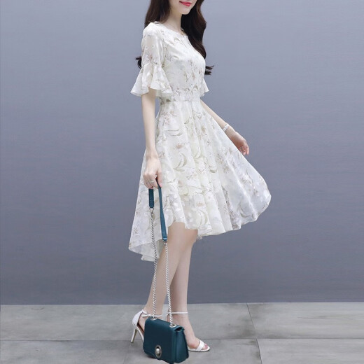 Laini Shengna new dress women's 2024 summer floral small sexy women's chiffon beach skirt summer off-white M
