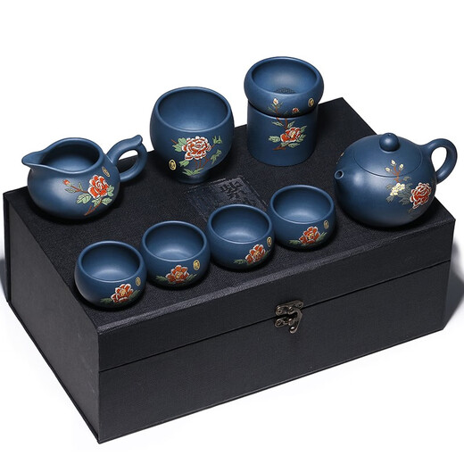Xihanya Yixing Zisha Pot Purely Handmade Famous Green Clay Kungfu Zisha Tea Set Xishi Teapot Teacup Complete Set Home High-end Tea Maker Gift Box Painted Style (One Pot, Four Cups + Fair Cup + Host Cup + Tea Strainer)