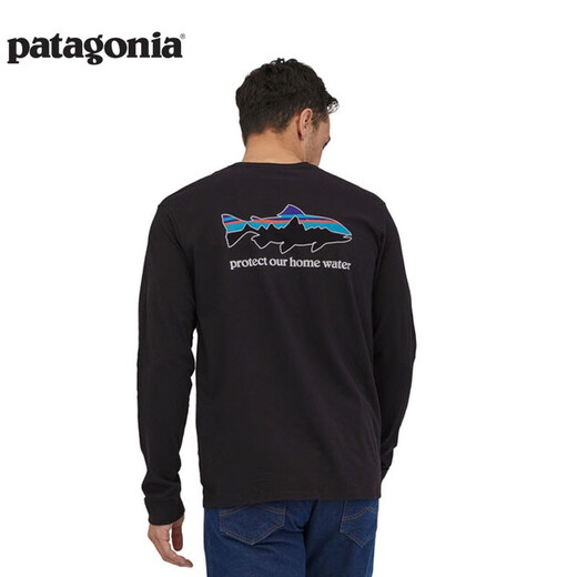 Patagonia Men's Cotton Blend Fly Fishing Logo Round Neck Long Sleeve T-Shirt HomeWater Trout 37574 BLK L