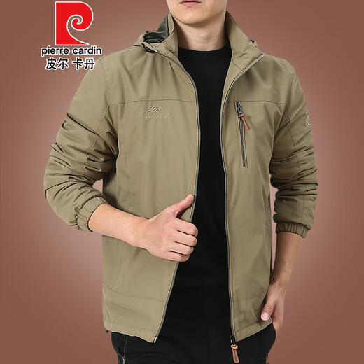Pier Cardin Outdoor Men's Jacket Autumn and Winter 2020 New Middle-aged Men's Autumn Clothes Plus Fleece Jacket Men's Spring and Autumn Thick 9898 [Khaki] Add Thin Fleece Removable Cap 6XL 205Specifications (225Jin [Jin equals about 0.5 kg])