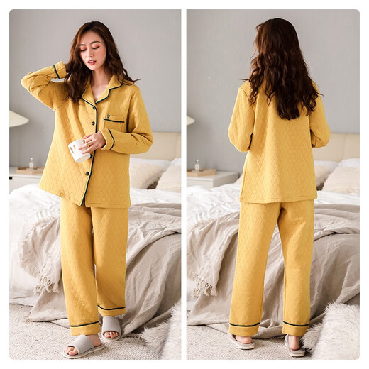 Catman (MiiOW) cardigan pajamas for women in spring and autumn thickened cotton long-sleeved cotton home clothes autumn and winter style set can be worn outside 12530 yellow XL [recommended 120-140Jin [Jin equals 0.5 kg]]
