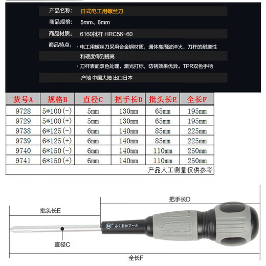 Japaner Fukuoka-Schraubendreher Ein-förmiger Kreuzelektriker Fahrer für Haushalt Super Hard Industrial Grad Magneter Super-Hartschraubendreher FO-9740 Schraubendreher 6x150 mm