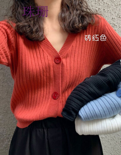 Zhushan sweater women's new spring and autumn outer cardigan jacket women's loose lazy style V-neck women's single-breasted short sweater top 7306-brick red XL (recommended about 110-120Jin [Jin is equal to 0.5 kg])