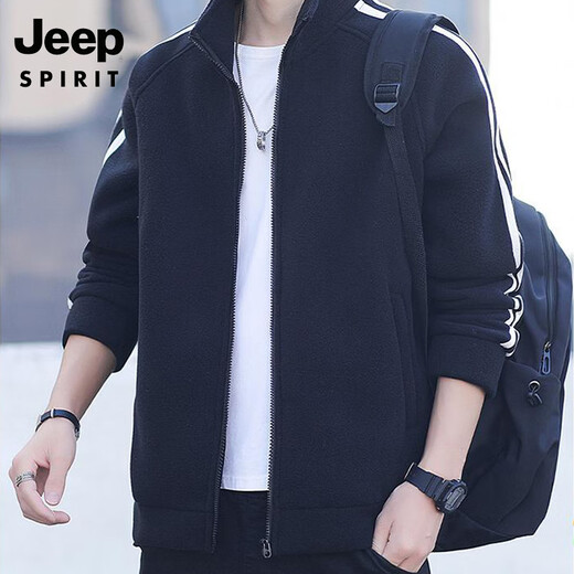 JEEP SPIRIT Jeep Men's Cardigan Sweatshirt Plus Velvet Thickened Striped Stand Collar Polar Fleece Autumn and Winter Jacket Warm Casual Jacket 8868 Military Green Regular Style L (Recommended 120-140 Jin Jin equals 0.5 kg)