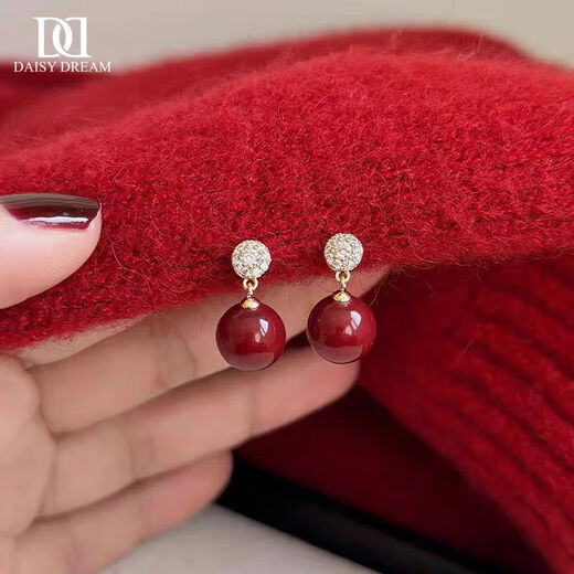 DAISY DREAM Liu Yifei's same style red pearl earrings for women, light luxury, high-end temperament, atmospheric earrings, silver needles, versatile ear jewelry, red pearl earrings, 925 silver needles