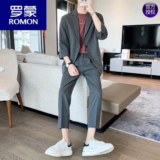 ROMON Summer Thin Casual Three-quarter Sleeve Suit Boys' Sexy and Handsome Small Suit with Mid-Sleeves Street-Friendly Nine-Point Pants Suit Green Suit + Pants S