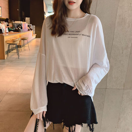 High-cotton summer new sun protection T-shirt for women 2020 long-sleeved loose thin bottoming blouse top for women white M