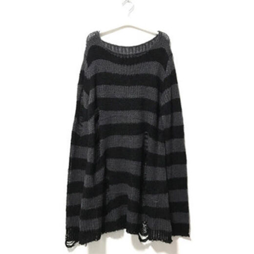 
Yuanle Shen mid-length punk dark versatile European and American ripped autumn and summer sweater for women couple stripes loose niche sweater new red one size