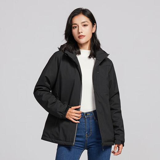 西域骆驼（VANCAMEL）加绒风衣外套男女韩版防风保暖单层软壳冲锋衣工装风夹克文艺上衣 9930S曜石黑-女【纯色】 2XL