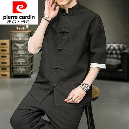 Pierre cardin summer large size Chinese style short-sleeved shirt men's five-point sleeve Tang suit ancient costume cotton linen Hanfu retro Zhongshan suit A8001 red 5XL 200-220Jin [Jin equals 0.5 kg]