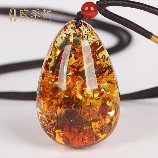 Ouchini Flower Amber Pendant Women's Natural Amber Explosive Lanyard Water Drop Shape Pendant Pendant for Chinese Valentine's Day Gift 10-12g