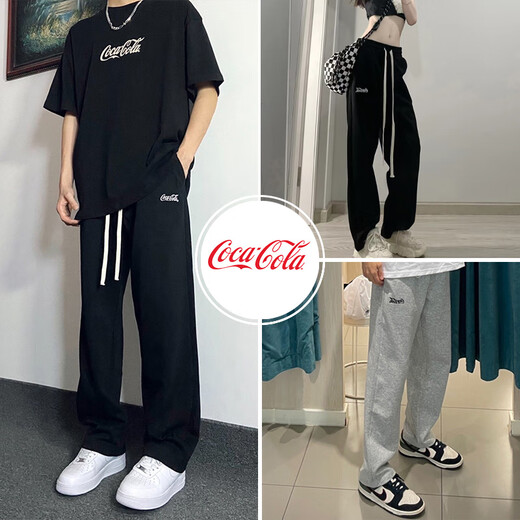 可口可乐（Coca-Cola）休闲裤男夏季冰丝卫裤情侣宽松直筒长裤 黑色常规 L