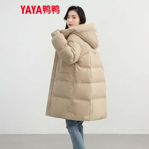 YAYA Down Jacket Women's Mid-Length 2025 New Hooded Thickened Fashion Versatile Casual Loose Duck Down Jacket KL Khaki M