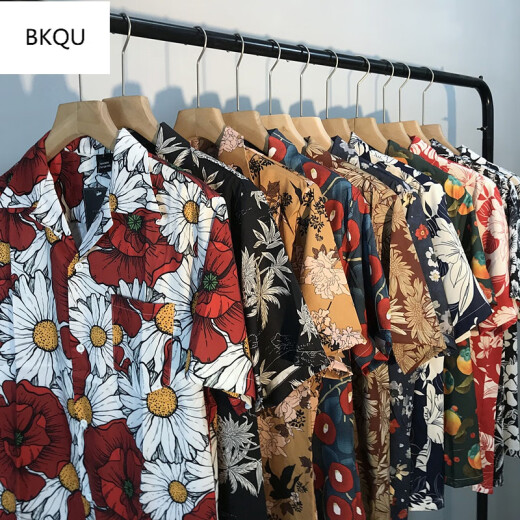 BKQU2023港风vintage花短袖衬衫男情侣夏季复古潮牌古巴领夏威夷宽松 x693 L