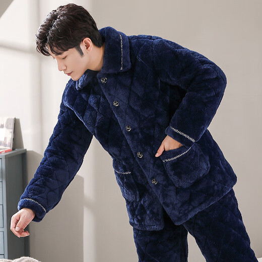 雅鹿男士睡衣冬季珊瑚绒三层夹棉加厚加绒法兰绒秋冬款家居服保暖套装 C9903#蓝色男[牛奶绒] 3XL 3层(165 200斤)三层加厚