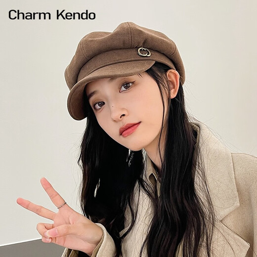 Charm Kendo beret autumn and winter versatile octagonal hat windproof big head circumference newsboy hat cold-proof warm casual men and women same style coffee color