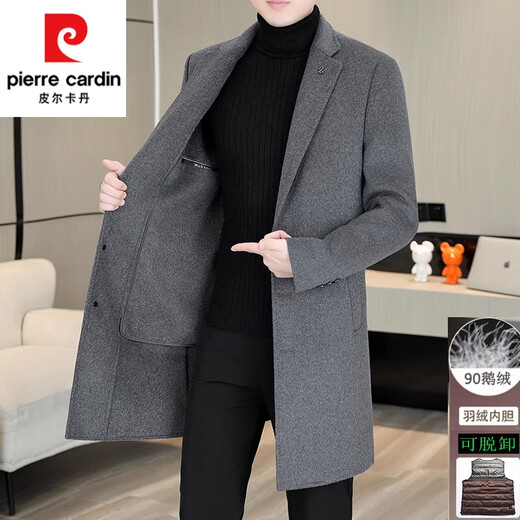 皮尔卡丹（pierre cardin）鹅绒内胆羊毛双面呢外套男士加厚毛呢大衣男秋冬中长款羊 绒风衣 卡其色MN5582【西装领羊毛双面呢 L (110-125斤)