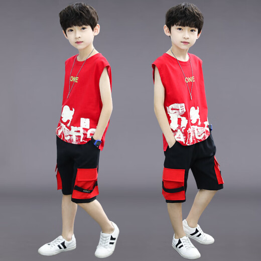 Shiny growth children's clothing boys' suits summer clothes 2020 new summer children's medium and large children's sleeveless Korean version handsome and stylish vest summer trendy two-piece set red 150 size recommended height 140-145cm