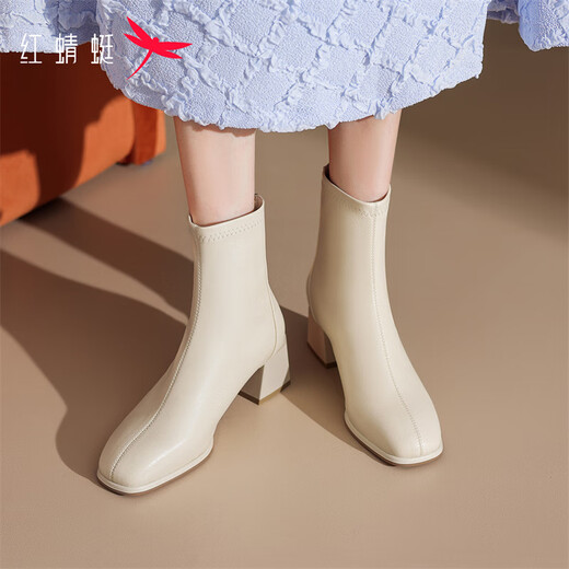 Red dragonfly short boots for women thick heel medium heel plus velvet to keep warm winter winter boots brand ankle boots women's boots 2024 winter off-white heel height 5.3cm 40