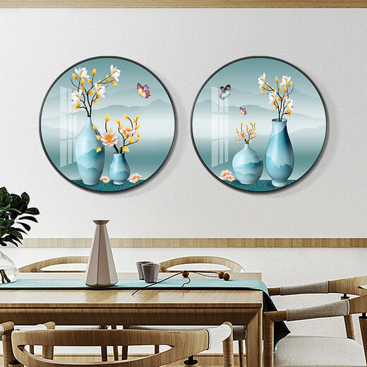 莫画泸林餐厅装饰画现代简约餐桌挂画餐厅壁画入户玄关柜高档画饭厅九鱼图 富贵平安两联11969+11970 烤瓷镶钻-直径50-铝合金黑框