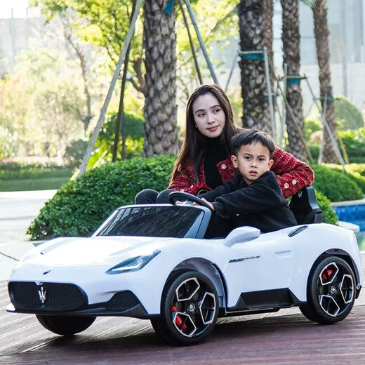 Yijing Maserati two-seat baby electric car four-wheel remote control swing car can sit adults and children baby toys four-wheel drive white + soft wheels + 12V14 battery leather seat + remote control