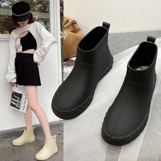 氧龙女雨鞋夏季时尚雨鞋女短筒保暖雨靴水鞋低帮水靴防滑洗车买菜厨房 金元宝米色单鞋(标准码) 35