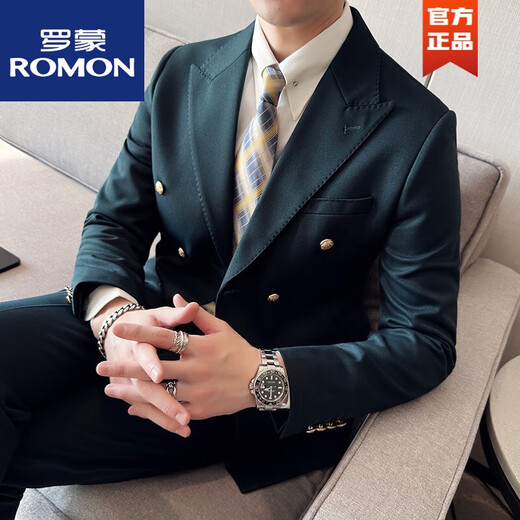 ROMON British suit double-breasted business suit men's Korean version slim solid color casual metal buckle suit spring and autumn black single suit L