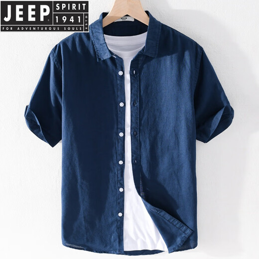 Jeep Spirit Herren-Wäsche Revers kurzärmeliges T-Shirt Lose Revers Top mit einer Krawatte mit einer Krawatte aus Baumwollwäsche Sommerkleidung 9711 Blau dunkle Farbe L.