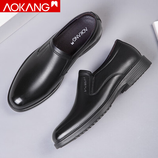 Aokang Men's Shoes Spring Business Formal Leather Shoes Men's Genuine Leather Slip-on British Derby Shoes Low-top Slip-On Work Shoes Black 105219076 42
