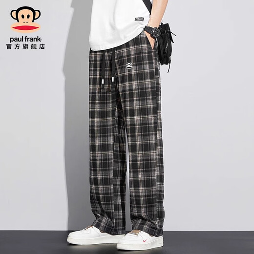 Big mouth monkey (paul frank) plaid casual pants for men in autumn and winter new style loose plus velvet thickened straight versatile sports fashion brand high street pants black 6632H official genuine XL recommended 125-140Jin Jin equals 0.5 kg