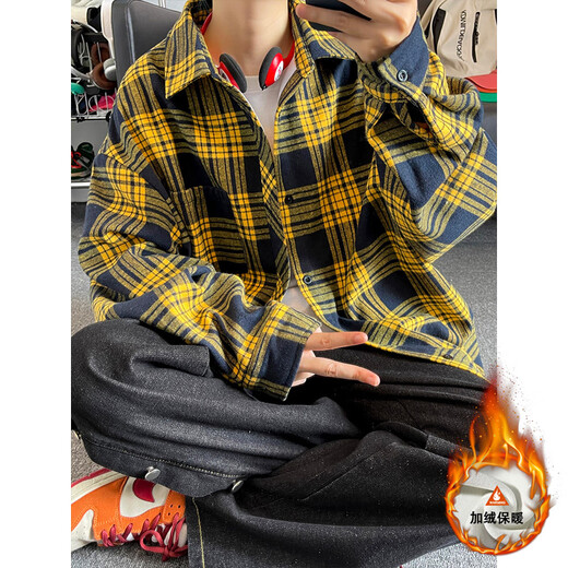 Xuanfanduo Plus Velvet verdickte langärmelige Hemd für Männer im Herbst und Winter New American Retro Trendy Hemd Vielseitige Large-Size-Jacke C9734 Red Grid M empfohlen 90-110jin [Jin gleich 0,5 kg]