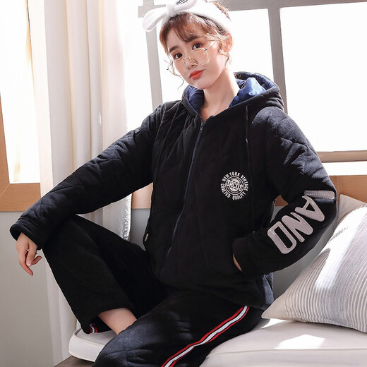 芊之雅（QIANZHIYA）冬季三层加厚情侣睡衣珊瑚绒夹棉家居服男女加绒加棉冬天保暖套装 ALJ-9926_9927# 女M/160
