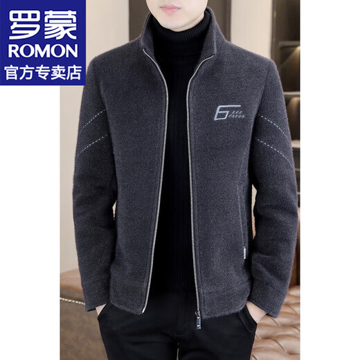 
Romon stand collar jacket for men in autumn and winter new style plus velvet thickened warm casual wool jacket embroidered top men's clothing 6629 gray M