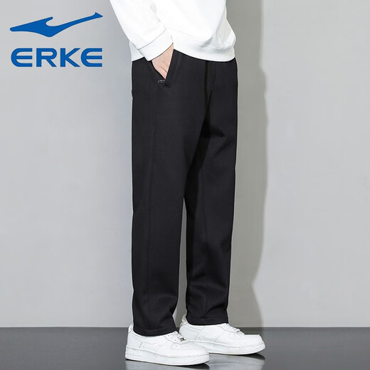 鸿星尔克（ERKE）直筒宽松休闲运动裤男裤红星针织弹力卫裤学生考试跑步训练裤子男 正黑(春秋针织款) XL(体重135-150斤)
