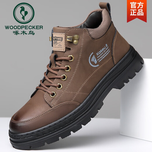 Woodpecker men's shoes 2025 autumn new leather Martin boots men's high top thick sole outdoor sports casual shoes business work shoes new 8065 gray 38