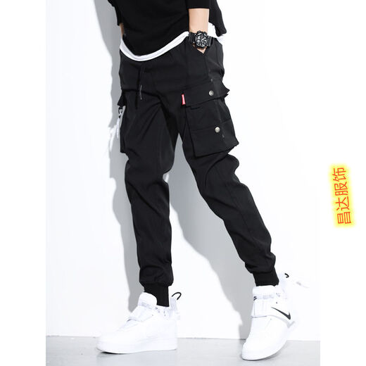 Chaoxiden casual pants men's trendy Korean style work pants men's summer hip-hop men's high elastic ins tying pants 9 points summer ultra-thin black GX9738 S