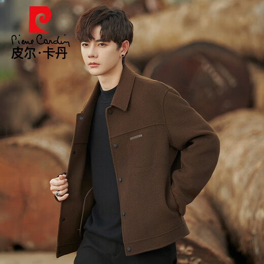 皮尔卡丹双面羊毛呢子外套男士春秋新款大衣短款高端轻奢休闲夹克男冬装厚 咖色 S 165