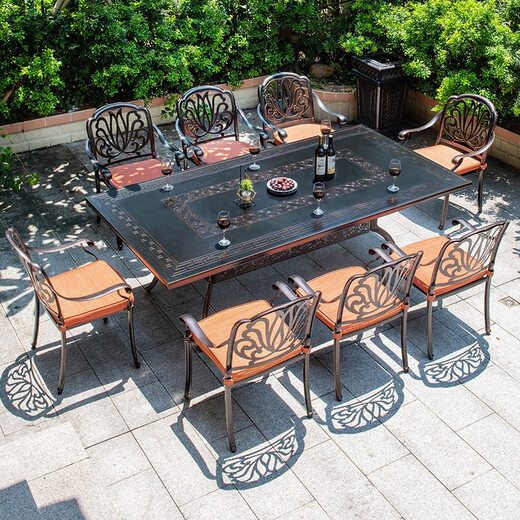 Fapolite Outdoor Tisch und Stuhl Balkon im Freien Aluminium Legierung Freizeit Innenhof und Stuhl Kombination Garten Eisen Guss Aluminium Villa Möbel 4 Stühle + 100 cm Orchideen schnitzen runden Tisch
