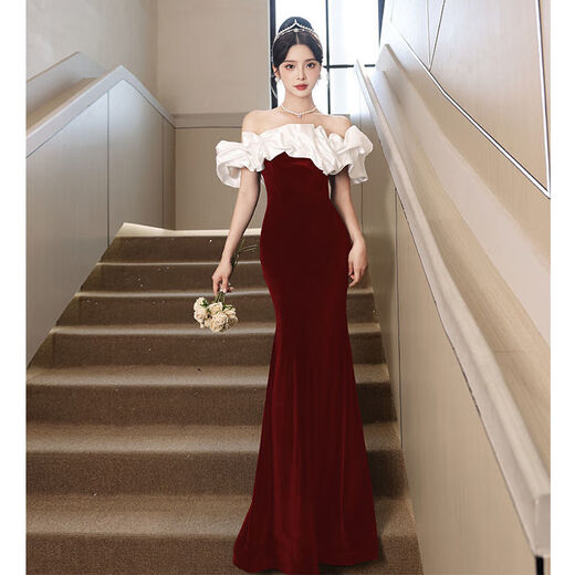 Maid black evening dress 2025 new French one-shoulder high-end luxury temperament slimming the celebrity host mermaid tail red XL