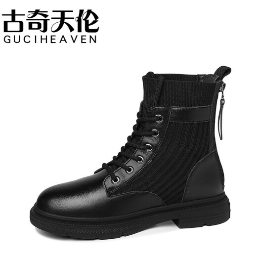 Gucci Tianlun short boots women's round toe square heel nude boots retro British style Martin boots comfortable and versatile lace up casual women's boots 5287-1 black (plus velvet) 40