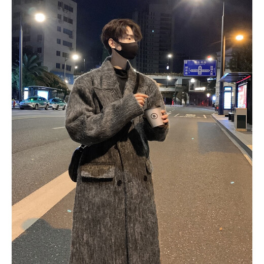 NEW OR MODE Heavy Korean style long woolen coat men's autumn and winter trendy brand loose coat vibe high street casual couple windbreaker dark gray XL