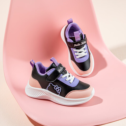 HELLOKITTY children's shoes girls sneakers children's autumn shock-absorbing running shoes girls light casual white shoes 6913 black powder 31