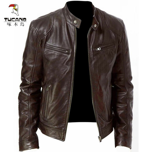 Woodpecker (TUCANO) 2026 Men's Leather Jacket Men's Teen Stand Collar Punk Men's Motorcycle Leather Jacket Plus Brown M