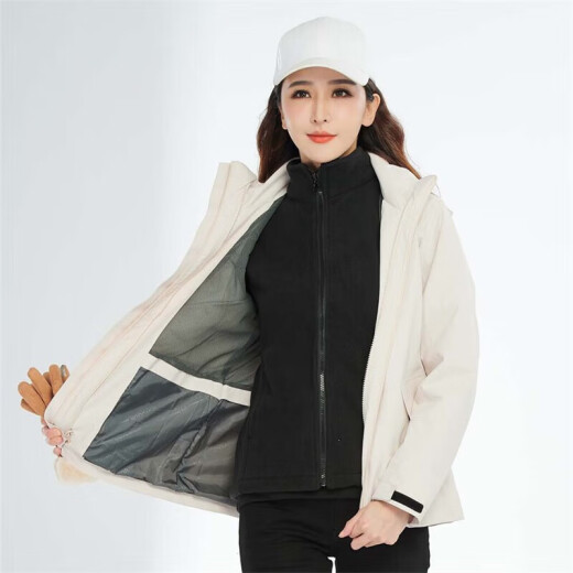BRELRMON韩版冲锋衣女男防风户外防寒三合一保暖可拆卸滑雪登山服夹克外套 HS12805米白-女 S