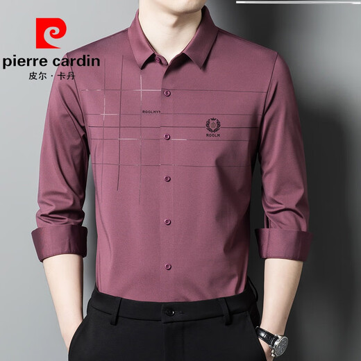 Pierre cardin men's pink shirt long sleeve spring and autumn groom wedding dress happy father-in-law knitted 6627 red L 170[110-125Jin[Jin equals 0.5 kg]]