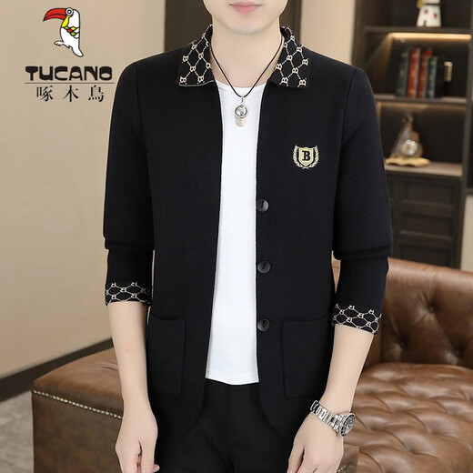 Woodpecker (TUCANO) slim suit men's knitted suit European station spring and autumn high-end embroidered jacket Korean cardigan jacket Black C0062 (cardigan woolen) M