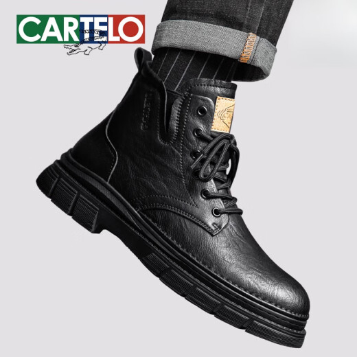 卡帝乐鳄鱼（CARTELO）马丁靴男黑色英伦中帮工装鞋2024新款秋冬款休闲高帮鞋 黑色-厚底潮流-7371 38 标准皮鞋码