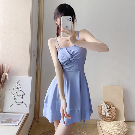 Bo Na Ling swimsuit women's ins hot spring swimsuit one-piece swimsuit outer skirt conservative sexy sun protection short sleeves slimming belly cover blue skirt swimsuit 80-120Jin Jin is equal to 0.5 kg