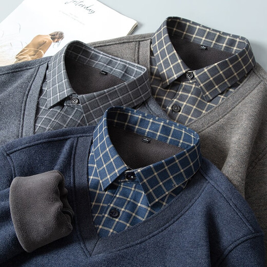 Monde chaud chemise chaude hommes plus velours chemise pour hommes épaissis faux collier épissé en deux pièces.